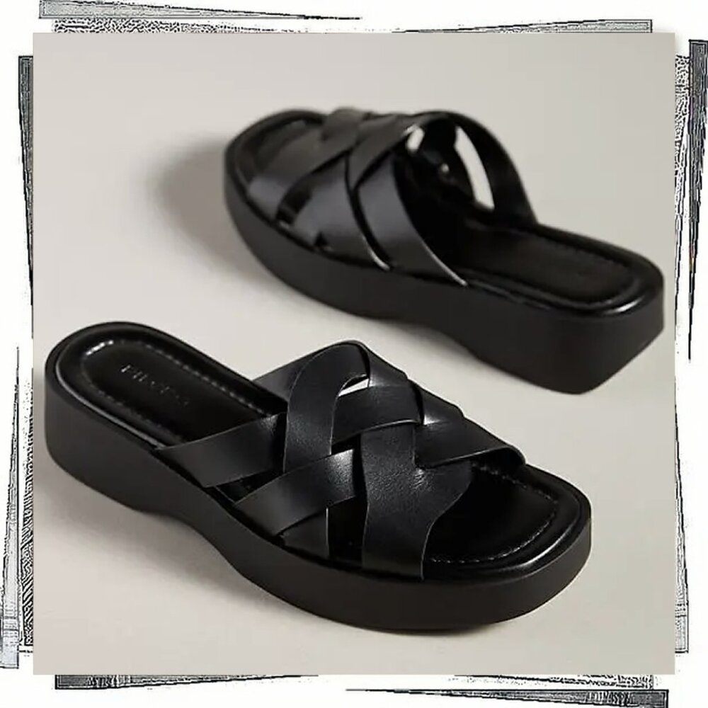 Black Woven Leather Slide Sandals (EU 38/ US 7 - 7.5) by Pilcro